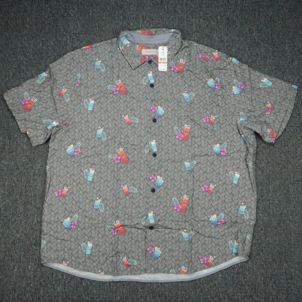 Tommy Bahama Shirt Mens 3XL Gray Tiki Cocktails Graphic Short Sleeve Hawaiian‎